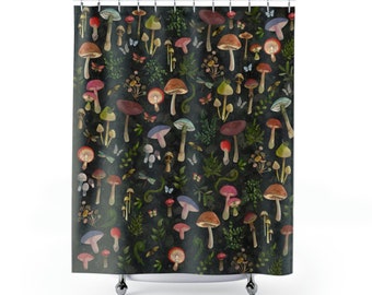 Mushroom Shower Curtain,  Cottagecore,  Woodland Bathroom,   Dragonflies, Ferns, Watercolor Art