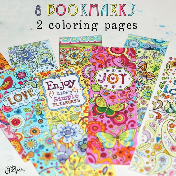 Printable set of 8 whimsical  inspirational bookmarks for coloring
