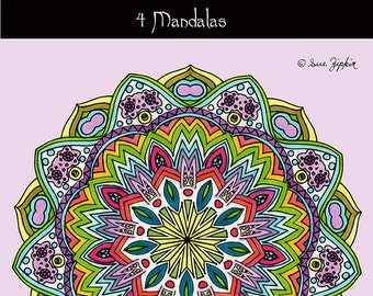 Sue Zipkin printable set of 4 mandala  coloring book pages for instant download