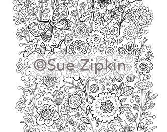 Page de coloriage floral papillon imprimable Sue Zipkin