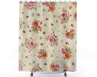 Floral Shower Curtain | Ranunculus and Roses Watercolor |  Ivory and pink |  Romantic Watercolor