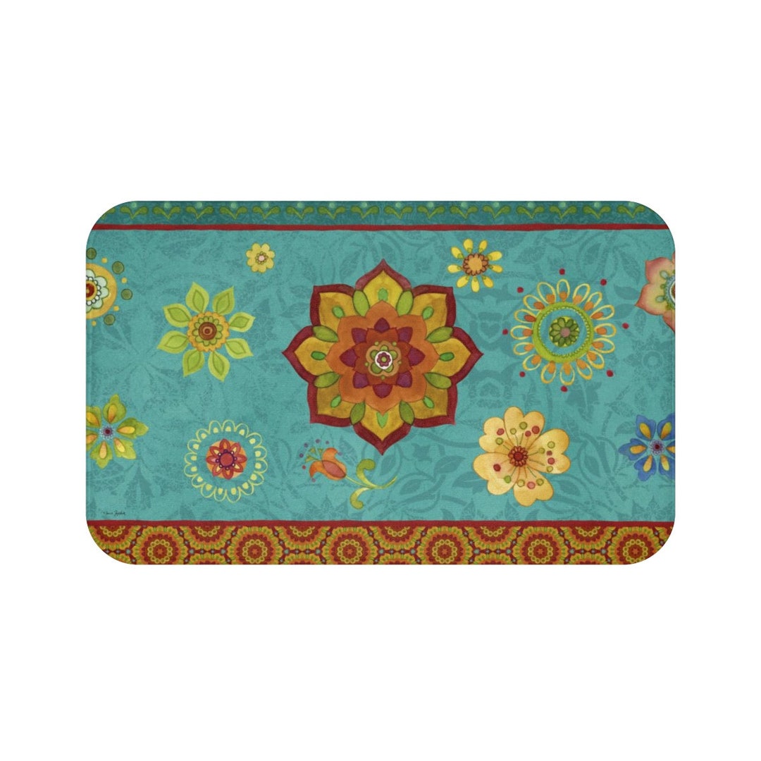 Boho Bath Mat, Tunisian Sunset, Mandala, Art by Sue Zipkin Etsy
