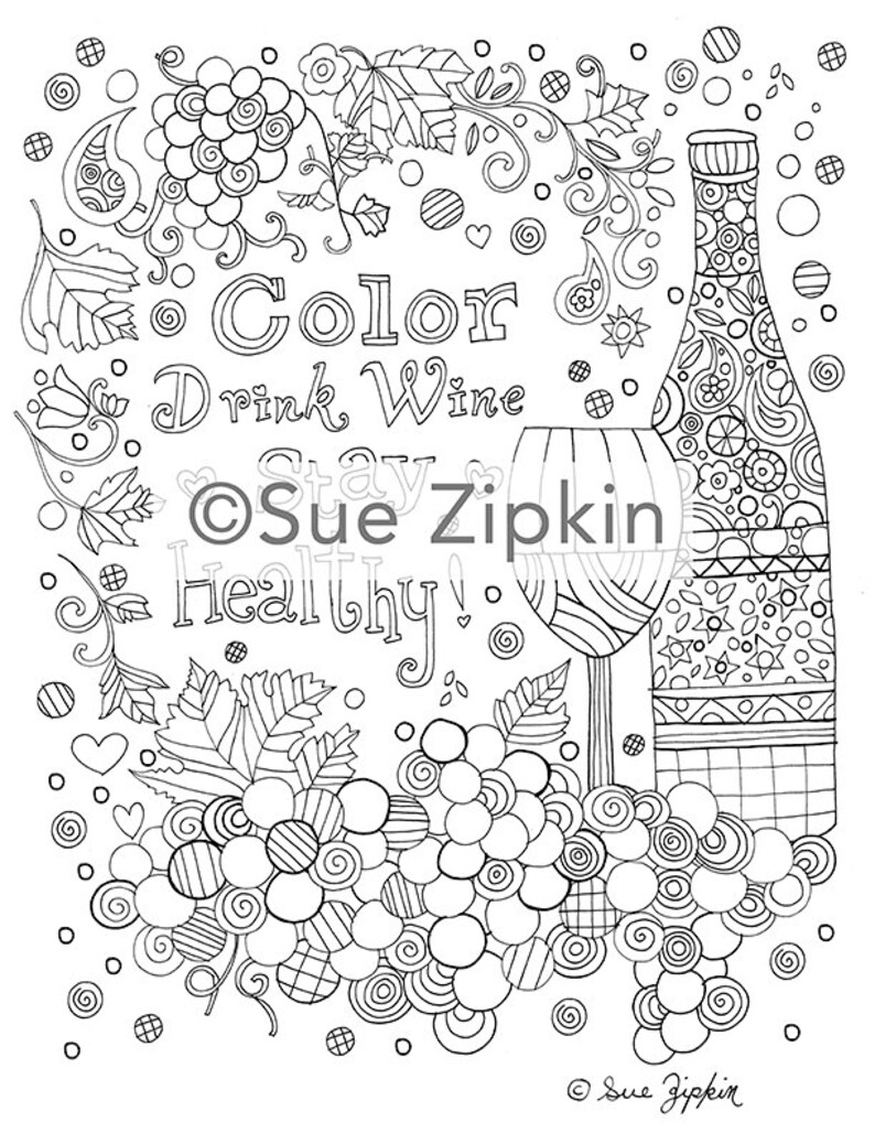 Printable Adult Wine Coloring Page for Instant Download by Sue Zipkin ...