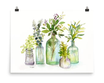 Vintage Bottle Watercolor Print | Watercolor  Floral Art | Farmhouse Decor