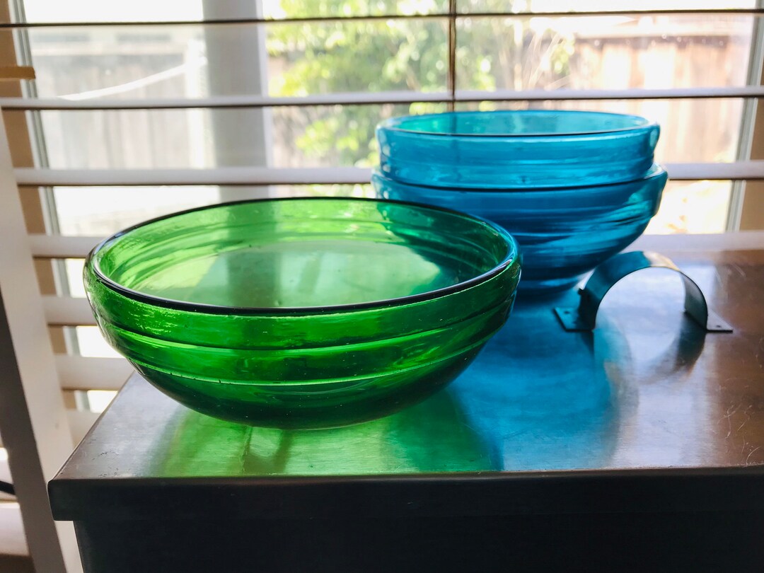 Set of 3 Handmade Blown Glass Bowls Green Turquoise Hebron Arts