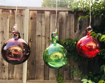 Blown Glass Christmas Orbs: Red, Purple, Green Hebron Art (Set of 3)