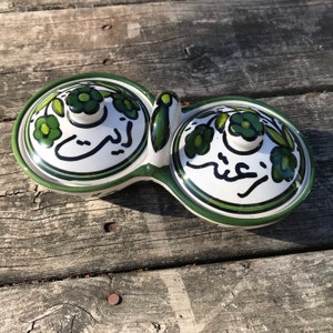 4 x 2 inch each of White Green Attached  Bowls with Handle for Thyme and Oil. Palestinian Manual Glazed Ceramics. Arabic writing in Black