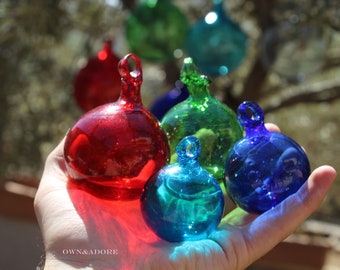 Set of 4 ornaments Small Red Green Blue Turquoise Blown Orbs | Ceiling & Patio Hanging Christmas Ornaments | Christmas fam gifts and Deco