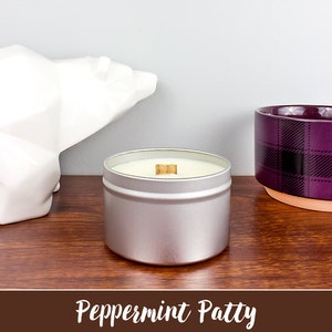 PEPPERMINT PATTY Soy Candle in 8oz Tin, Scented Candle, Wood Wick Candle, Peppermint Candle, Winter Candle, Scented Soy Candle, Tin Candle