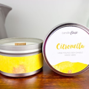 CITRONELLA Soy Candle in 8oz Tin, Citronella Candle, Wood Wick Candle, Summer Candle, Bug Repellent Candle, Scented Soy Candle, Fall Candle