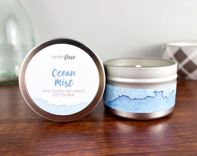 OCEAN MIST Soy Candle in 4oz Tin, Scented Candle, Wood Wick Candle, Ocean Candle, Spring Candle, Scented Soy Candle, Tin Candle