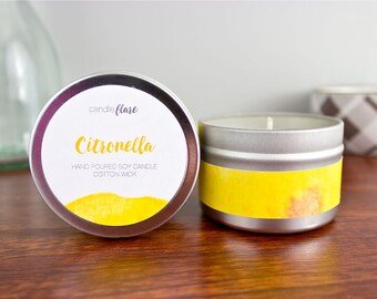Bougie de soja parfumée CITRONELLE dans une boîte métallique de 4 oz, bougie parfumée, bougie à mèche de bois, bougie à la citronnelle, bougie d'été, bougie insectifuge