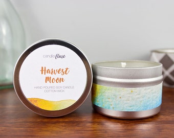 HARVEST MOON Soy Candle in 4oz Tin, Scented Candle, Wood Wick Candle, Harvest Moon Candle, Fall Candle, Scented Soy Candle, Tin Candle