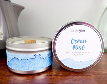 OCEAN MIST Soy Candle in 8oz Tin, Scented Candle, Wood Wick Candle, Ocean Candle, Beach Candle, Scented Soy Candle, Tin Candle