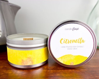 CITRONELLE, bougie de soja en boîte de 8 oz, bougie à la citronnelle, bougie avec mèche de bois, bougie d'été, bougie insectifuge, bougie de soja parfumée, bougie d'automne