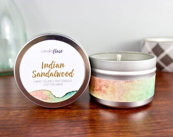 Indian Sandalwood Soy Candle in 4oz Tin - Soy Candles Handmade - Secret Santa Gift