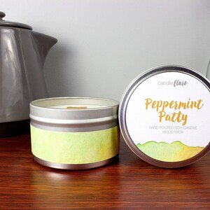 PEPPERMINT PATTY Soy Candle in 8oz Tin, Scented Candle, Wood Wick Candle, Peppermint Candle, Winter Candle, Scented Soy Candle, Tin Candle