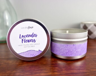 Lavender Flowers Soy Candle in 4oz Tin - Aromatherapy Calm Floral Scented for Relaxation or Gift for Her, Wood or Cotton Wick
