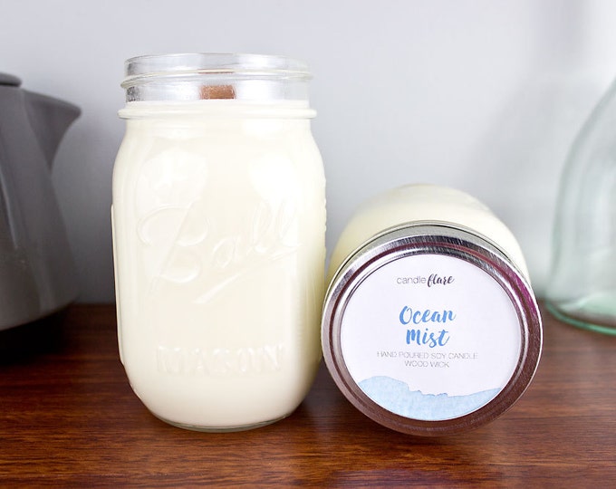 OCEAN MIST Soy Candle in Pint Mason Jar, Scented Candle, Wood Wick Candle, Scented Soy Candle, Ocean Candle, Mason Jar Candle, Beach Candle