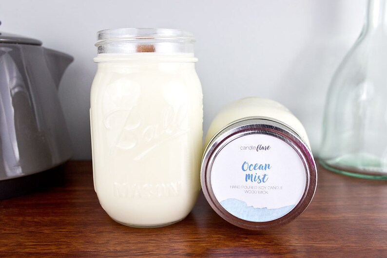 OCEAN MIST Soy Candle in Pint Mason Jar, Scented Candle, Wood Wick Candle, Scented Soy Candle, Ocean Candle, Mason Jar Candle, Beach Candle image 1