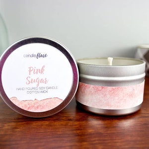 PINK SUGAR Soy Candle in 4oz Tin, Scented Candle, Wood Wick Candle, Pink Sugar Candle, Spring Candle, Scented Soy Candle, Tin Candle