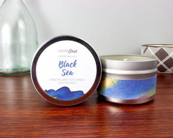 Black Sea Soy Candle in 4oz Tin - Outdoors Ocean Scented for Travel, Wood or Cotton Wick