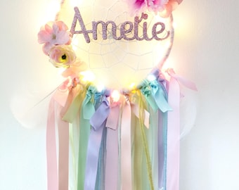 Personalised Pastel Dreamcatcher, Floral Nursery Decor with LED Lights