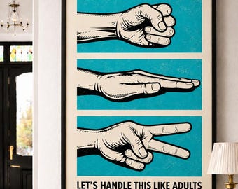 Rock Paper Scissors Printable Wall Art, Let's Handle This Like Adults Print, Funny Office Decor, Retro Vintage Poster, Digital Download