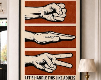 Funny Rock Paper Scissors Poster, Rust Effect Wall Art, Let’s Handle This Like Adults Print, Man Cave Decor, Retro Office Poster