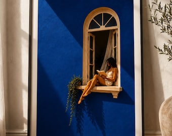 Greek Blue Window Art Print | Woman Reading Mediterranean Coastal Decor (Digital Download)