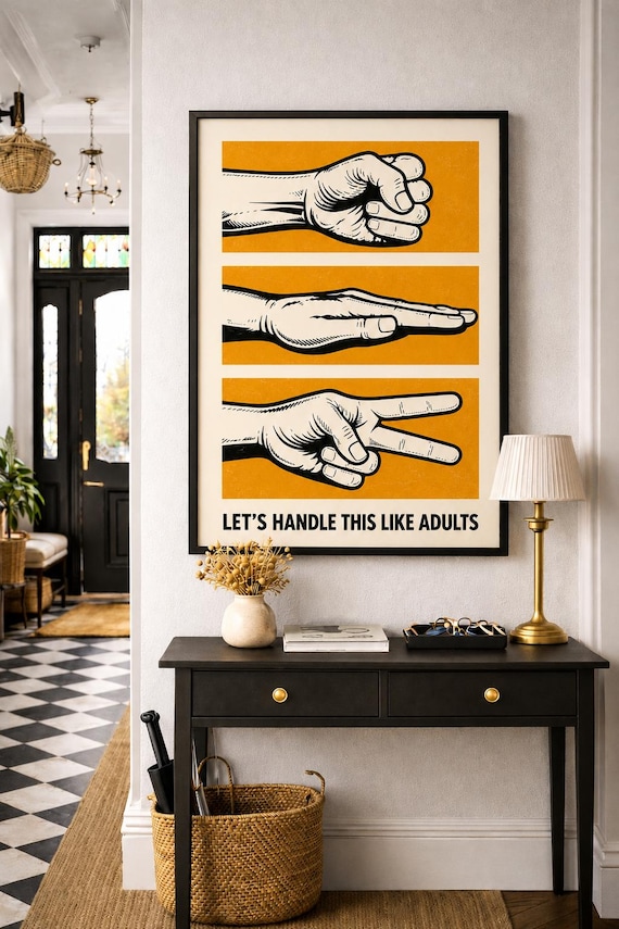 Retro Rock Paper Scissors Print – Mustard Office Humor Wall Art (Digital Download)