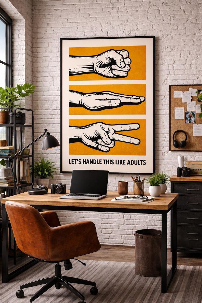 Retro Rock Paper Scissors Print – Mustard Office Humor Wall Art (Digital Download) image 6