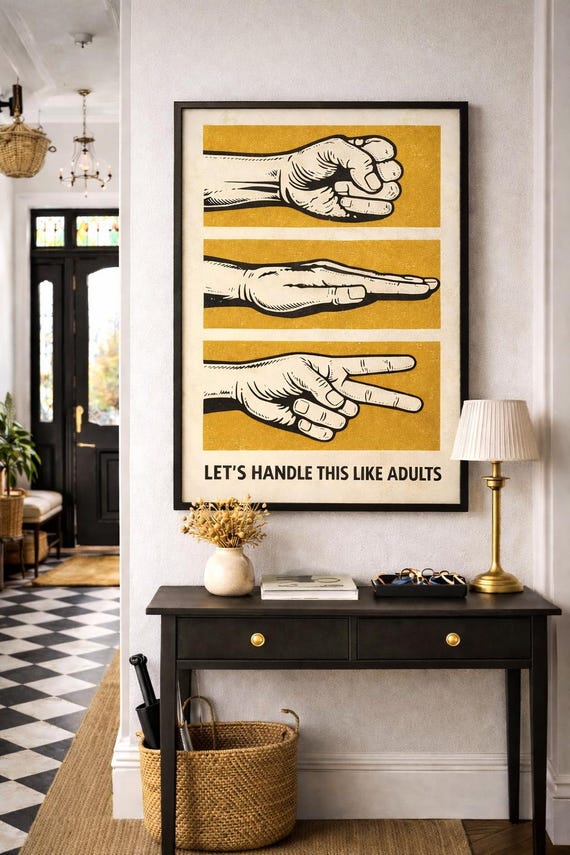 Retro Rock Paper Scissors Print – Mustard Office Humor Wall Art (Digital Download)
