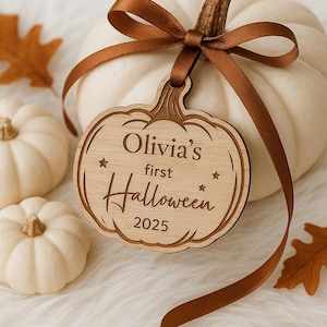 Personalised Baby’s First Halloween Wooden Pumpkin Tag – Custom Name – Keepsake Ornament 2025