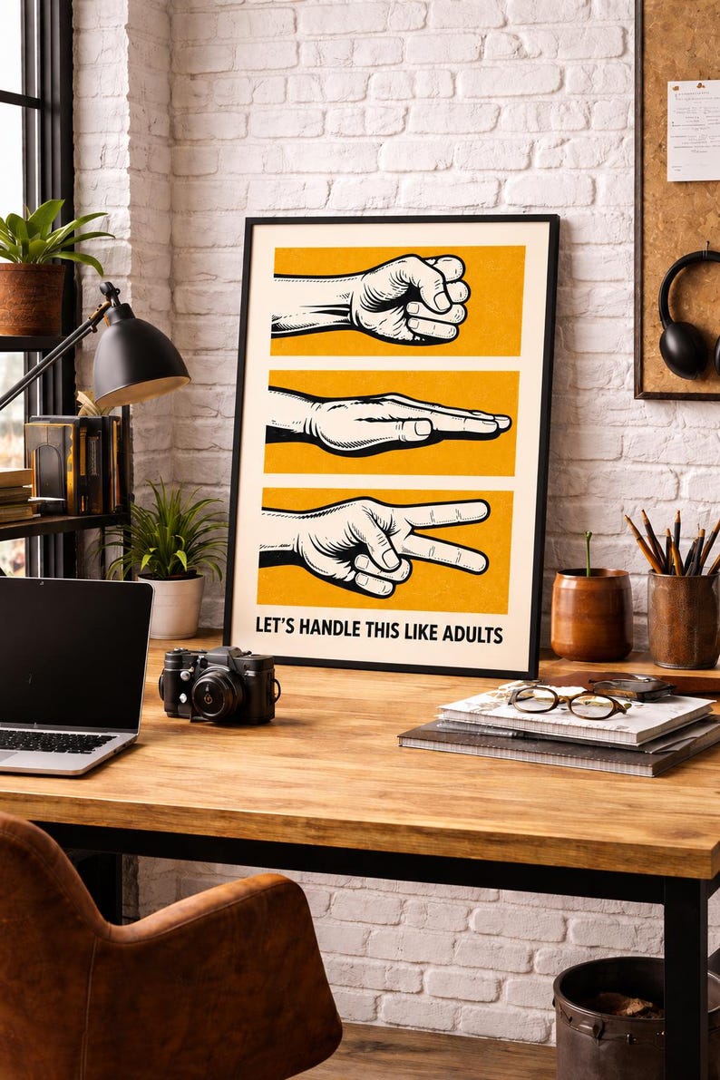 Retro Rock Paper Scissors Print – Mustard Office Humor Wall Art (Digital Download) image 4