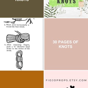 May include: A brown and orange book cover with the title "Handbook of Common Macrame Knots". The cover also includes a black and white illustration of a macrame knot. The book is advertised as having 30 pages of knots and projects.