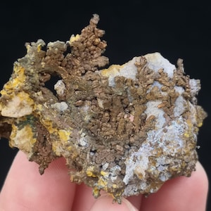 Puede incluir: Un cúmulo de cristales de cobre con una estructura dendrítica ramificada. Los cristales son de un rico color marrón metálico y están dispuestos sobre una matriz de minerales blancos y amarillos.