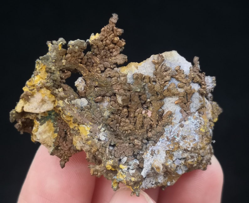 Pu&ograve; includere: Un ammasso di cristalli di rame con una struttura dendritica ramificata. I cristalli sono di un ricco colore marrone metallico e sono disposti su una matrice di minerali bianchi e gialli.