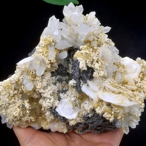 Puede incluir: Un grupo de cristales de cuarzo blanco sobre una matriz de roca gris y beige. Los cristales son transparentes y tienen un brillo vítreo. La roca es rugosa y texturizada.