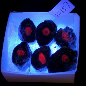 Puede incluir: Una caja blanca con una luz azul en el interior, que contiene seis cristales rojo oscuro con un exterior negro. La caja tiene una etiqueta que dice "10157".