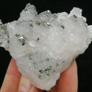 126g 74mm Bright Golden Pyrite crystals on/included in PAGODA Calcite, Natural Mineral Specimen from China B8641