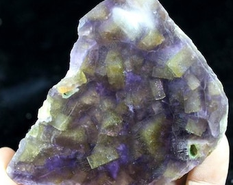 345g 90mm Hand Well Polished Transparent Purple Fluorite with Golden Yellow Barite crystal Inclusion CM630454