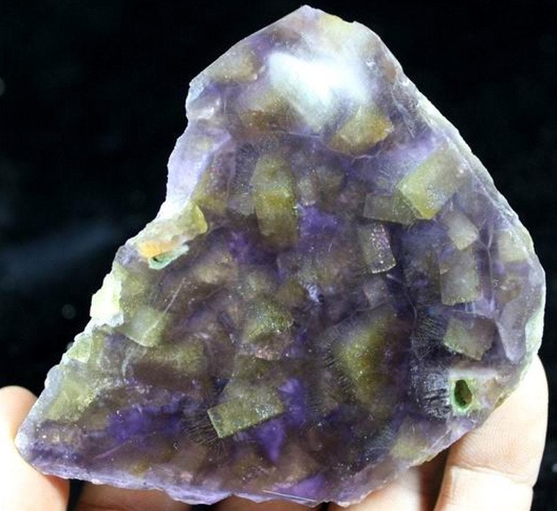 345G 90mm Hand Well Polished Transparent Purple Fluorite With Golden Yellow Barite Crystal Inclusion cm630454