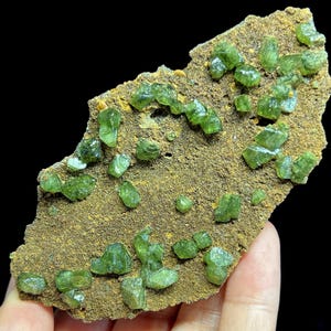May include: A mineral specimen featuring numerous vibrant green crystals clustered on a rough, brown matrix. The crystals are translucent and angular, contrasting with the earthy tones of the base. The overall composition highlights the natural beauty of the mineral.