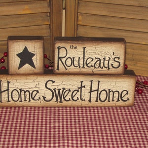 Primitive family name wood blocks shelf sitter farmhouse country housewarming hostess gift handmade custom sign home sweet home image 1