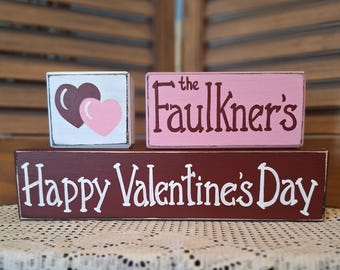 Personalized Valentine's Day Wood Block Set: Rustic Shelf Sitter Decor