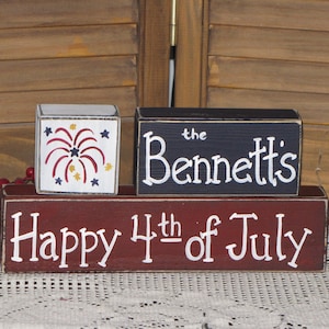 Primitive Personalized wooden block set 4th of July Americana country decor shelf sitter wood stacking blocks hostess party gift holiday