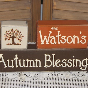 Autumn wooden blocks primitive personalized country shelf sitter fall decor stacking blocks name sign