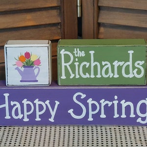 Spring personalized wooden blocks country farmhouse shelf sitter