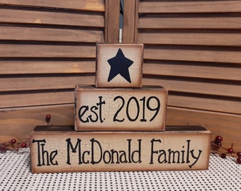 Primitive personalized wooden stacking block set rustic shelf sitter